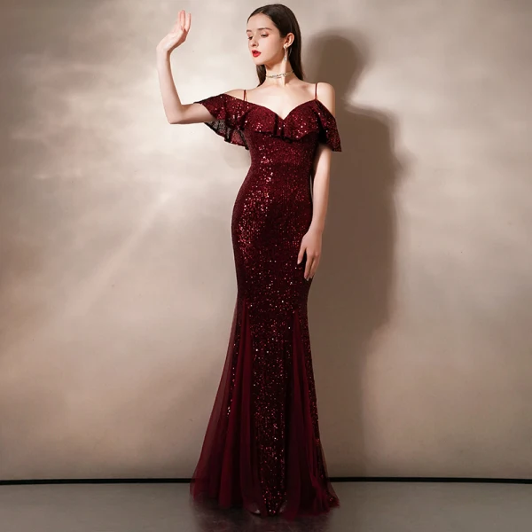 Sparkly Burgundy Sequins Evening Dresses  2020 Trumpet / Mermaid Spaghetti Straps Short Sleeve Floor-Length / Long Ruffle Backless Formal Dresses