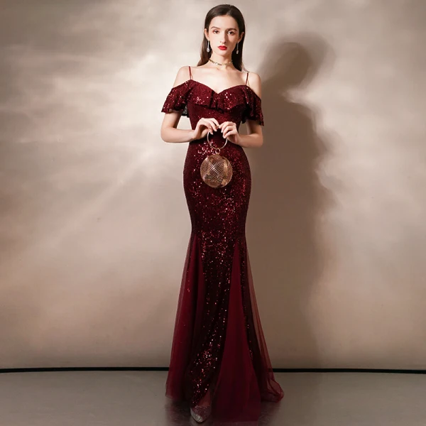 Sparkly Burgundy Sequins Evening Dresses  2020 Trumpet / Mermaid Spaghetti Straps Short Sleeve Floor-Length / Long Ruffle Backless Formal Dresses