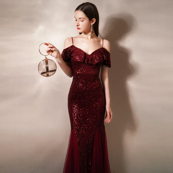 Sparkly Burgundy Sequins Evening Dresses  2020 Trumpet / Mermaid Spaghetti Straps Short Sleeve Floor-Length / Long Ruffle Backless Formal Dresses