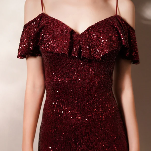 Sparkly Burgundy Sequins Evening Dresses  2020 Trumpet / Mermaid Spaghetti Straps Short Sleeve Floor-Length / Long Ruffle Backless Formal Dresses