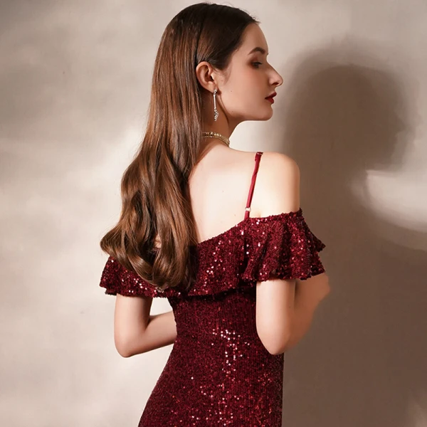 Sparkly Burgundy Sequins Evening Dresses  2020 Trumpet / Mermaid Spaghetti Straps Short Sleeve Floor-Length / Long Ruffle Backless Formal Dresses