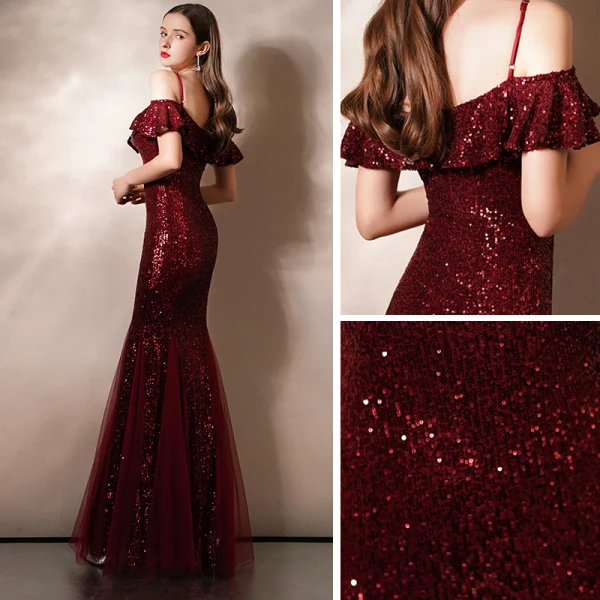 Sparkly Burgundy Sequins Evening Dresses  2020 Trumpet / Mermaid Spaghetti Straps Short Sleeve Floor-Length / Long Ruffle Backless Formal Dresses