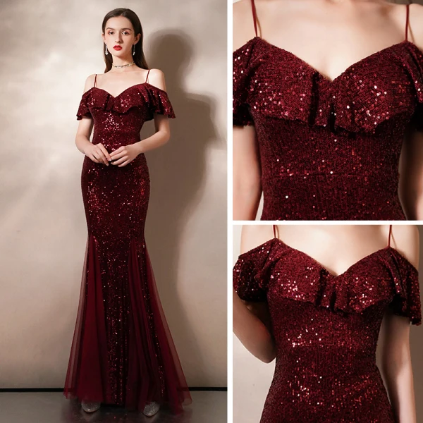 Sparkly Burgundy Sequins Evening Dresses  2020 Trumpet / Mermaid Spaghetti Straps Short Sleeve Floor-Length / Long Ruffle Backless Formal Dresses