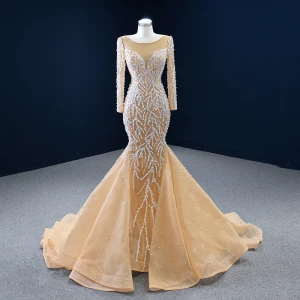 Luxury Gorgeous Champagne Bridal Wedding Dresses 2020 Trumpet Mermaid See Through Square Neckline Long Sleeve Backless Appliques Lace Handmade Beading Pearl Sweep Train