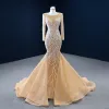 Luxury / Gorgeous Champagne Bridal Wedding Dresses 2020 Trumpet / Mermaid See-through Square Neckline Long Sleeve Backless Appliques Lace Handmade  Beading Pearl Sweep Train