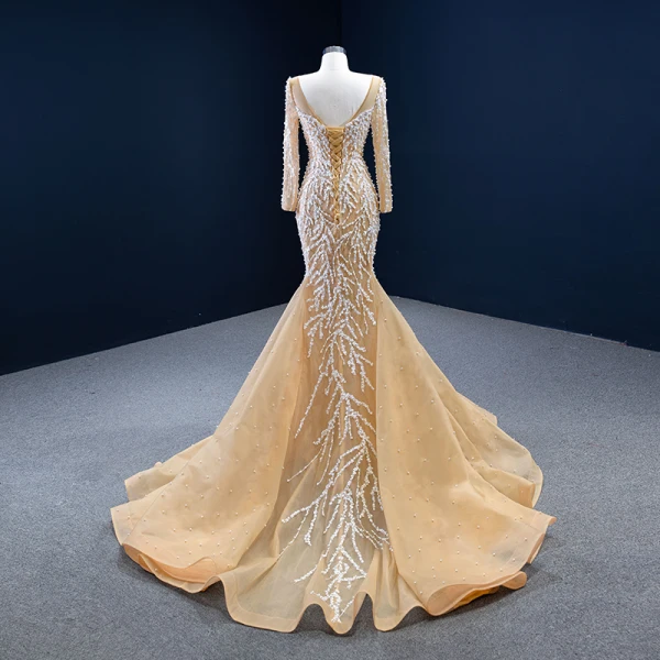 Luxe Champagne La Mariée Robe De Mariée 2020 Trompette / Sirène Transparentes Encolure Carrée Manches Longues Dos Nu Appliques En Dentelle Fait main Perlage Perle Train De Balayage