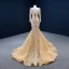 Luxe Champagne La Mariée Robe De Mariée 2020 Trompette / Sirène Transparentes Encolure Carrée Manches Longues Dos Nu Appliques En Dentelle Fait main Perlage Perle Train De Balayage