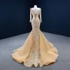Luxury / Gorgeous Champagne Bridal Wedding Dresses 2020 Trumpet / Mermaid See-through Square Neckline Long Sleeve Backless Appliques Lace Handmade  Beading Pearl Sweep Train