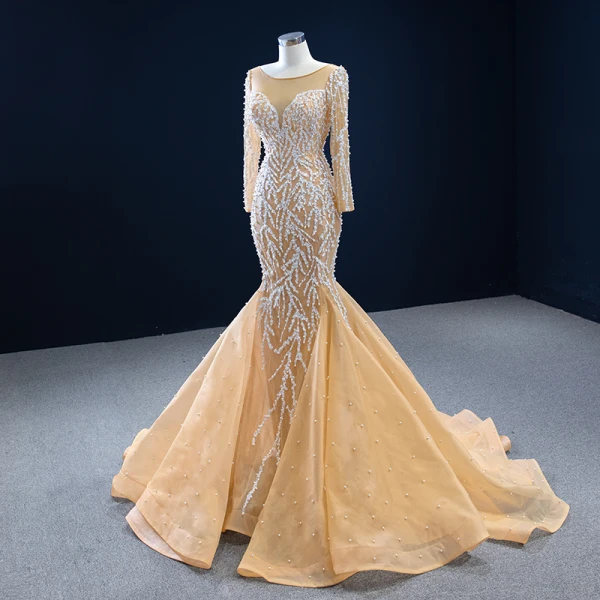 Luxe Champagne La Mariée Robe De Mariée 2020 Trompette / Sirène Transparentes Encolure Carrée Manches Longues Dos Nu Appliques En Dentelle Fait main Perlage Perle Train De Balayage