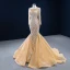 Luxe Champagne La Mariée Robe De Mariée 2020 Trompette / Sirène Transparentes Encolure Carrée Manches Longues Dos Nu Appliques En Dentelle Fait main Perlage Perle Train De Balayage