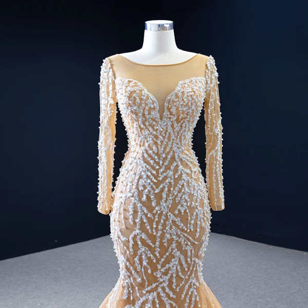 Luxe Champagne La Mariée Robe De Mariée 2020 Trompette / Sirène Transparentes Encolure Carrée Manches Longues Dos Nu Appliques En Dentelle Fait main Perlage Perle Train De Balayage
