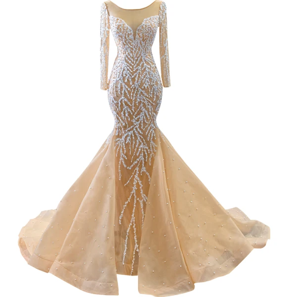 Luxe Champagne La Mariée Robe De Mariée 2020 Trompette / Sirène Transparentes Encolure Carrée Manches Longues Dos Nu Appliques En Dentelle Fait main Perlage Perle Train De Balayage