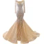 Luxe Champagne La Mariée Robe De Mariée 2020 Trompette / Sirène Transparentes Encolure Carrée Manches Longues Dos Nu Appliques En Dentelle Fait main Perlage Perle Train De Balayage
