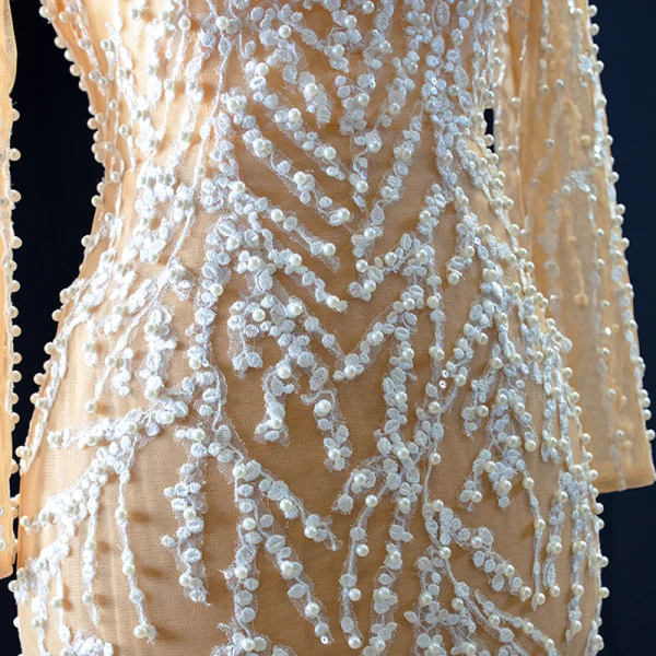 Luxe Champagne La Mariée Robe De Mariée 2020 Trompette / Sirène Transparentes Encolure Carrée Manches Longues Dos Nu Appliques En Dentelle Fait main Perlage Perle Train De Balayage