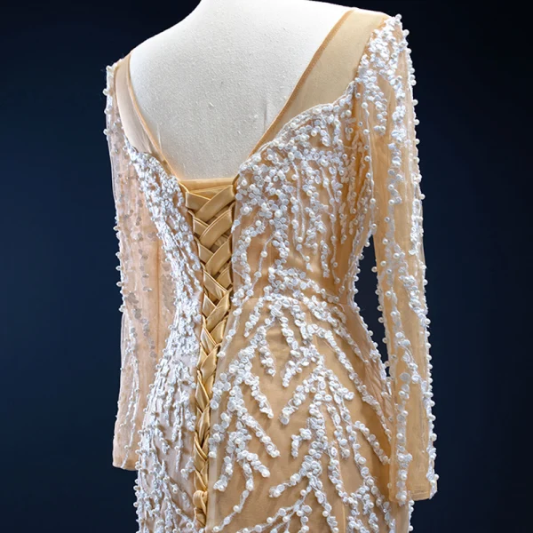 Luxe Champagne La Mariée Robe De Mariée 2020 Trompette / Sirène Transparentes Encolure Carrée Manches Longues Dos Nu Appliques En Dentelle Fait main Perlage Perle Train De Balayage