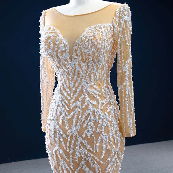 Luxe Champagne La Mariée Robe De Mariée 2020 Trompette / Sirène Transparentes Encolure Carrée Manches Longues Dos Nu Appliques En Dentelle Fait main Perlage Perle Train De Balayage