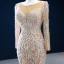 Luxe Champagne La Mariée Robe De Mariée 2020 Trompette / Sirène Transparentes Encolure Carrée Manches Longues Dos Nu Appliques En Dentelle Fait main Perlage Perle Train De Balayage