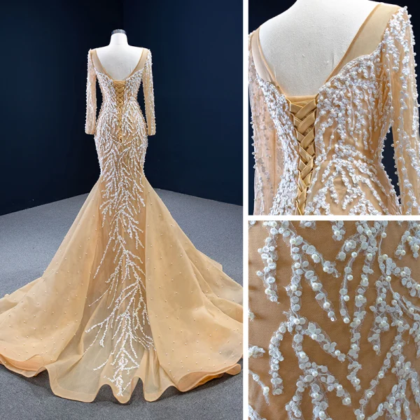 Luxe Champagne La Mariée Robe De Mariée 2020 Trompette / Sirène Transparentes Encolure Carrée Manches Longues Dos Nu Appliques En Dentelle Fait main Perlage Perle Train De Balayage