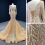 Luxe Champagne La Mariée Robe De Mariée 2020 Trompette / Sirène Transparentes Encolure Carrée Manches Longues Dos Nu Appliques En Dentelle Fait main Perlage Perle Train De Balayage
