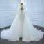 Luxe Blanche La Mariée Robe De Mariée 2020 Robe Boule Transparentes Col v profond Manches Longues Dos Nu Appliques En Dentelle Perlage Perle Chapel Train Volants