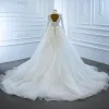 Luxury / Gorgeous White Bridal Wedding Dresses 2020 Ball Gown See-through Deep V-Neck Long Sleeve Backless Appliques Lace Beading Pearl Chapel Train Ruffle