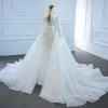 Luxury / Gorgeous White Bridal Wedding Dresses 2020 Ball Gown See-through Deep V-Neck Long Sleeve Backless Appliques Lace Beading Pearl Chapel Train Ruffle