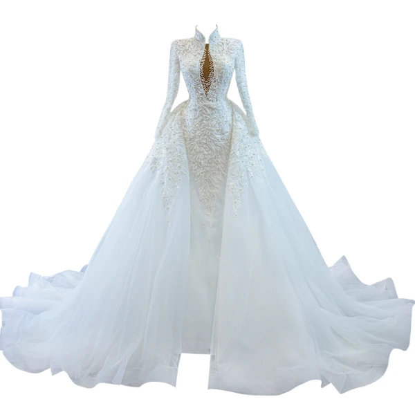 Luxe Blanche La Mariée Robe De Mariée 2020 Robe Boule Transparentes Col v profond Manches Longues Dos Nu Appliques En Dentelle Perlage Perle Chapel Train Volants
