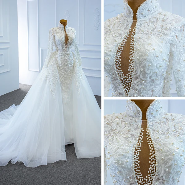 Luxe Blanche La Mariée Robe De Mariée 2020 Robe Boule Transparentes Col v profond Manches Longues Dos Nu Appliques En Dentelle Perlage Perle Chapel Train Volants