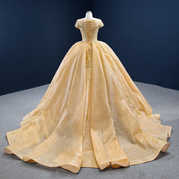 Luxury / Gorgeous Gold Bridal Wedding Dresses 2020 Ball Gown See-through Scoop Neck Short Sleeve Backless Appliques Lace Beading Glitter Tulle Chapel Train