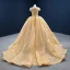 Luxury / Gorgeous Gold Bridal Wedding Dresses 2020 Ball Gown See-through Scoop Neck Short Sleeve Backless Appliques Lace Beading Glitter Tulle Chapel Train