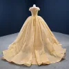 Luxury / Gorgeous Gold Bridal Wedding Dresses 2020 Ball Gown See-through Scoop Neck Short Sleeve Backless Appliques Lace Beading Glitter Tulle Chapel Train