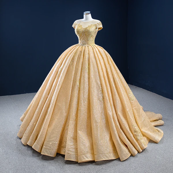 Luxury / Gorgeous Gold Bridal Wedding Dresses 2020 Ball Gown See-through Scoop Neck Short Sleeve Backless Appliques Lace Beading Glitter Tulle Chapel Train