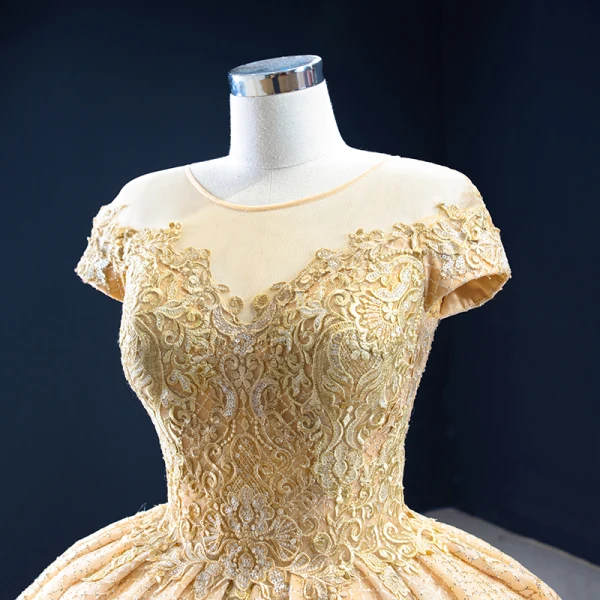 Luxury / Gorgeous Gold Bridal Wedding Dresses 2020 Ball Gown See-through Scoop Neck Short Sleeve Backless Appliques Lace Beading Glitter Tulle Chapel Train