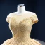 Luxury / Gorgeous Gold Bridal Wedding Dresses 2020 Ball Gown See-through Scoop Neck Short Sleeve Backless Appliques Lace Beading Glitter Tulle Chapel Train