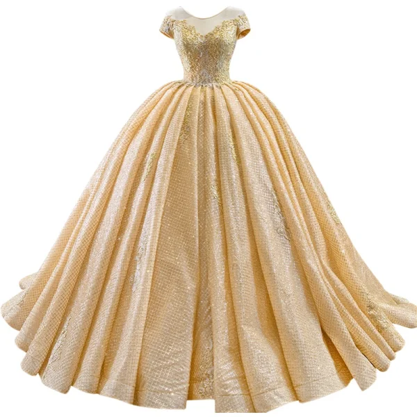 Luxury / Gorgeous Gold Bridal Wedding Dresses 2020 Ball Gown See-through Scoop Neck Short Sleeve Backless Appliques Lace Beading Glitter Tulle Chapel Train