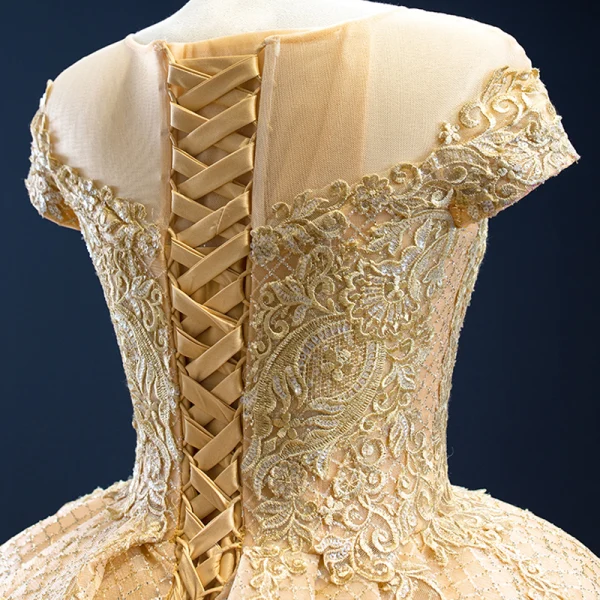Luxury / Gorgeous Gold Bridal Wedding Dresses 2020 Ball Gown See-through Scoop Neck Short Sleeve Backless Appliques Lace Beading Glitter Tulle Chapel Train