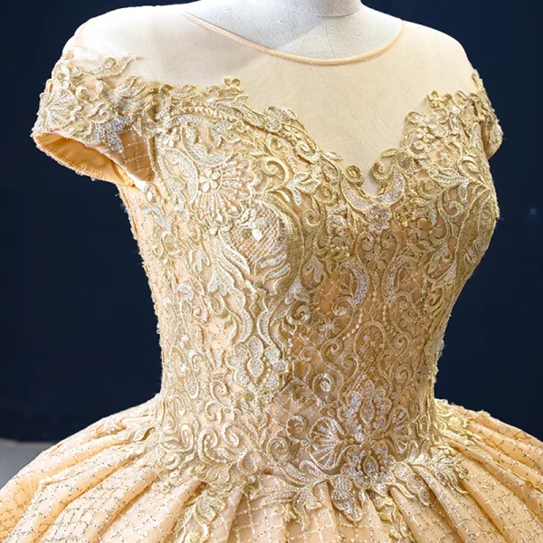 Luxury / Gorgeous Gold Bridal Wedding Dresses 2020 Ball Gown See-through Scoop Neck Short Sleeve Backless Appliques Lace Beading Glitter Tulle Chapel Train
