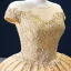 Luxury / Gorgeous Gold Bridal Wedding Dresses 2020 Ball Gown See-through Scoop Neck Short Sleeve Backless Appliques Lace Beading Glitter Tulle Chapel Train