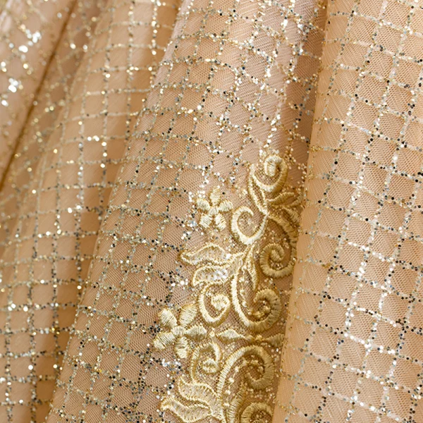 Luxury / Gorgeous Gold Bridal Wedding Dresses 2020 Ball Gown See-through Scoop Neck Short Sleeve Backless Appliques Lace Beading Glitter Tulle Chapel Train