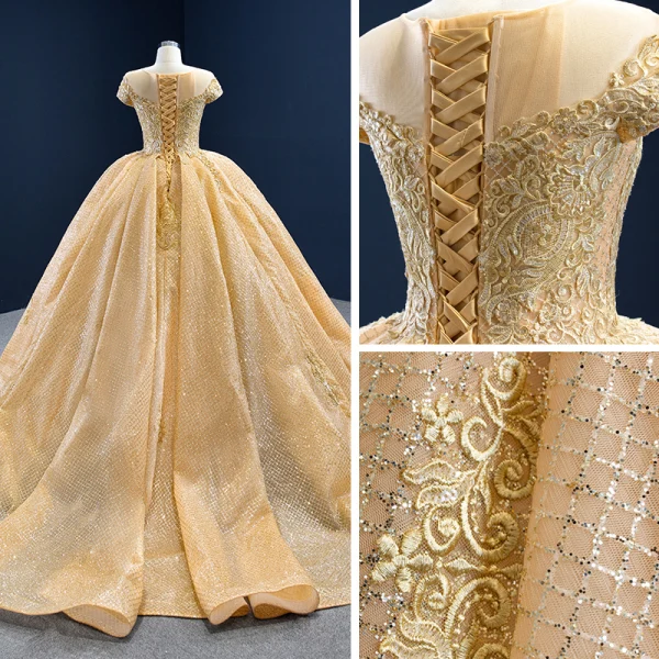 Luxury / Gorgeous Gold Bridal Wedding Dresses 2020 Ball Gown See-through Scoop Neck Short Sleeve Backless Appliques Lace Beading Glitter Tulle Chapel Train