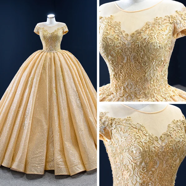 Luxury / Gorgeous Gold Bridal Wedding Dresses 2020 Ball Gown See-through Scoop Neck Short Sleeve Backless Appliques Lace Beading Glitter Tulle Chapel Train