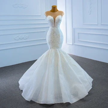 Luxe Blanche La Mariée Robe De Mariée 2020 Trompette Sirène Transparentes Col V Profond Sans Manches Dos Nu Dentelle 3d Perlage Train De Balayage Volants