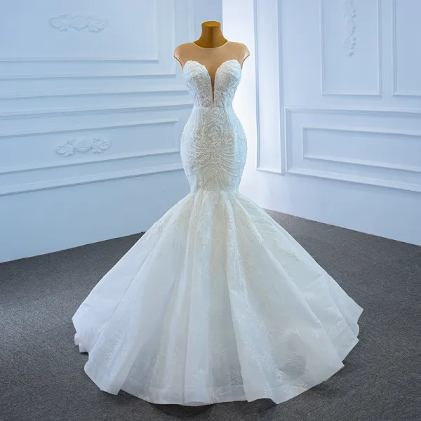 Luxury / Gorgeous White Bridal Wedding Dresses 2020 Trumpet / Mermaid See-through Deep V-Neck Sleeveless Backless 3D Lace Beading Sweep Train Ruffle