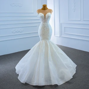 Luxus Herrlich Weiß Hochzeits Brautkleider Hochzeitskleider 2020 Meerjungfrau Durchsichtige Tiefer V Ausschnitt Ärmellos Rückenfreies 3 D Spitze Perlenstickerei Sweep Pinsel Zug Rüschen