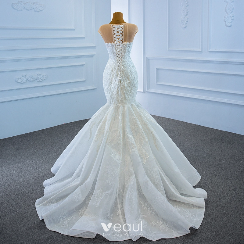 Luxury Gorgeous White Bridal Wedding Dresses 2020 Trumpet Mermaid See  Through Deep V Neck Sleeveless Backless 3d Lace Beading Sweep Train Ruffle