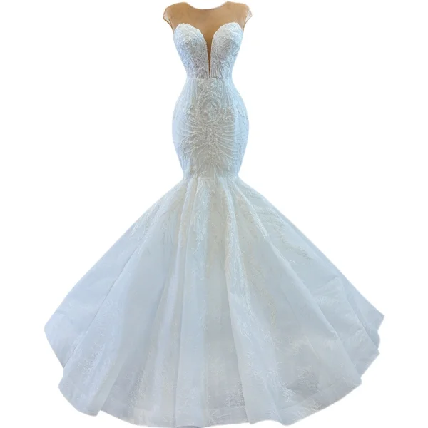 Luxus / Herrlich Weiß Hochzeits Brautkleider / Hochzeitskleider 2020 Meerjungfrau Durchsichtige Tiefer V-Ausschnitt Ärmellos Rückenfreies 3D Spitze Perlenstickerei Sweep / Pinsel Zug Rüschen