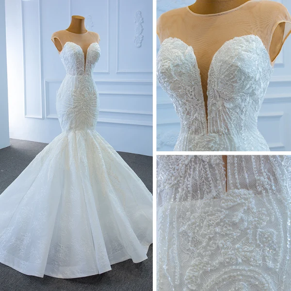 Luxus / Herrlich Weiß Hochzeits Brautkleider / Hochzeitskleider 2020 Meerjungfrau Durchsichtige Tiefer V-Ausschnitt Ärmellos Rückenfreies 3D Spitze Perlenstickerei Sweep / Pinsel Zug Rüschen