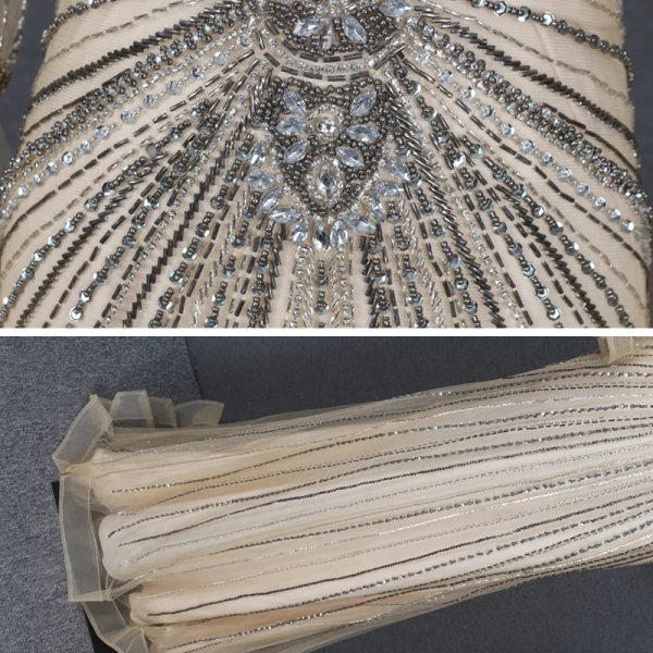 High-end Gold Red Carpet Evening Dresses 2020 Trumpet / Mermaid See-through Deep V-Neck Long Sleeve Bell sleeves Beading Rhinestone Sequins Sweep Train Ruffle Backless Formal Dresses