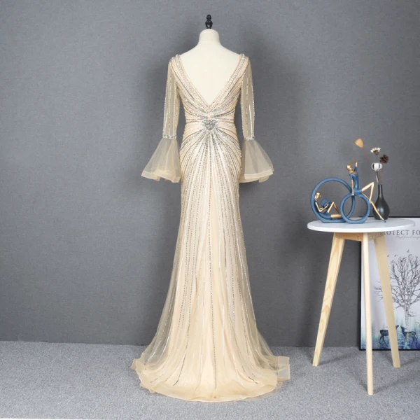 High-end Gold Red Carpet Evening Dresses 2020 Trumpet / Mermaid See-through Deep V-Neck Long Sleeve Bell sleeves Beading Rhinestone Sequins Sweep Train Ruffle Backless Formal Dresses