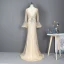 High-end Gold Red Carpet Evening Dresses  2020 Trumpet / Mermaid See-through Deep V-Neck Long Sleeve Bell sleeves Beading Rhinestone Sequins Sweep Train Ruffle Backless Formal Dresses